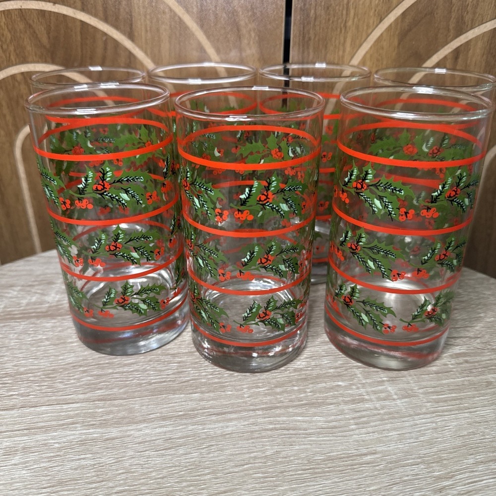 VTG 7 Christmas Glasses Holly & Berries Set Indiana Glass 13 oz Red Striped